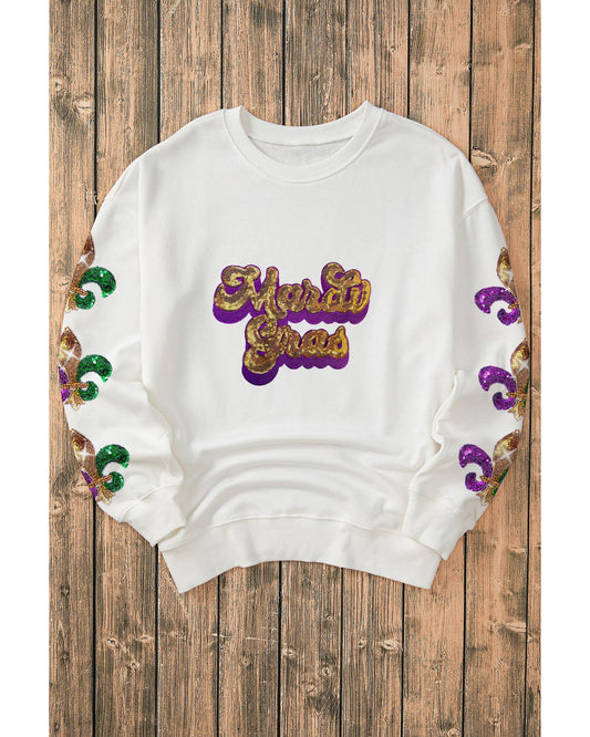 Beige Sequin Mardi Gras Patched Pattern Fleur de Lis Sleeve Sweatshirt - 2XL