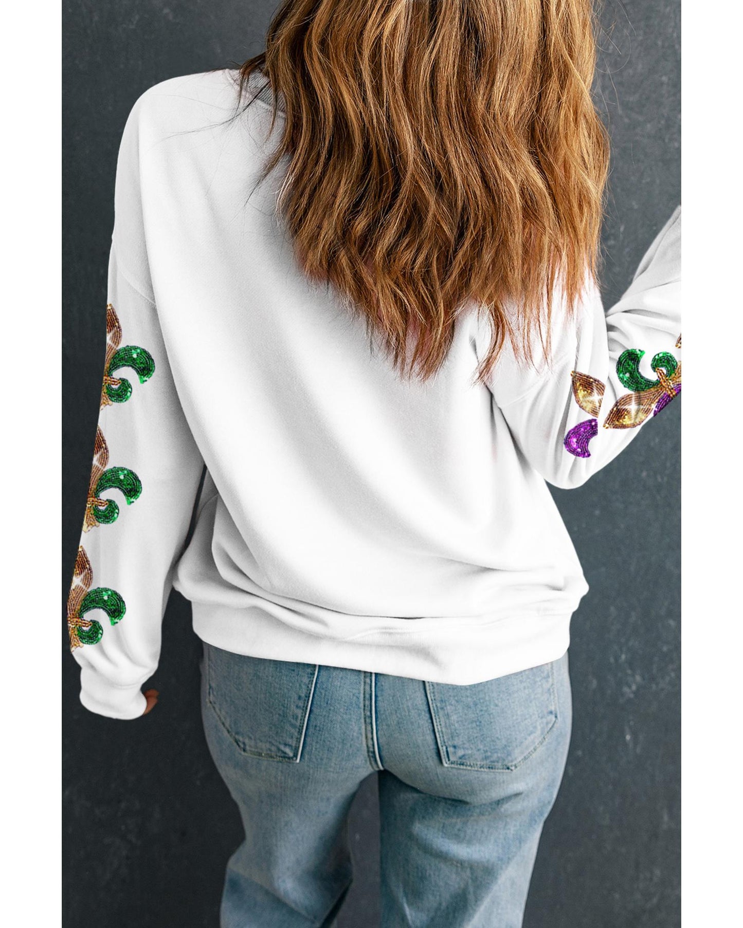 Beige Sequin Mardi Gras Patched Pattern Fleur de Lis Sleeve Sweatshirt - L