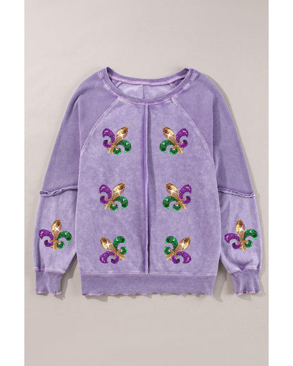 Orchid Petal Mardi Gras Patched Pattern Waffle Patchwork Sweatshirt - L