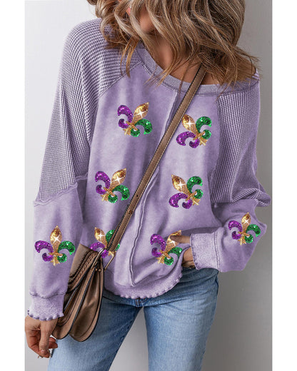 Orchid Petal Mardi Gras Patched Pattern Waffle Patchwork Sweatshirt - M