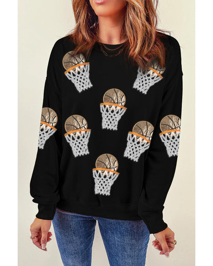 Black Basketball Patched Game Day Crew Neck Graphic Sweatshirt - S