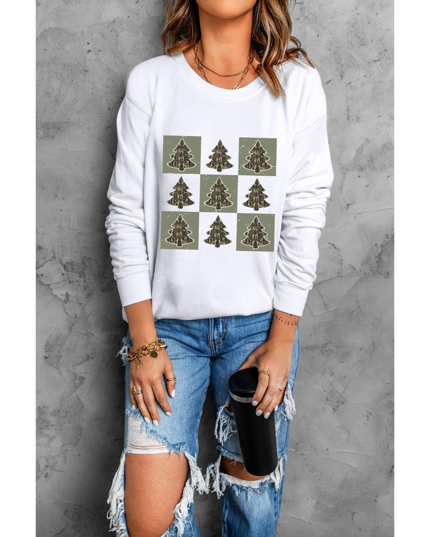 Beige Christmas Tree Checker Print Drop Shoulder Sweatshirt - 2XL