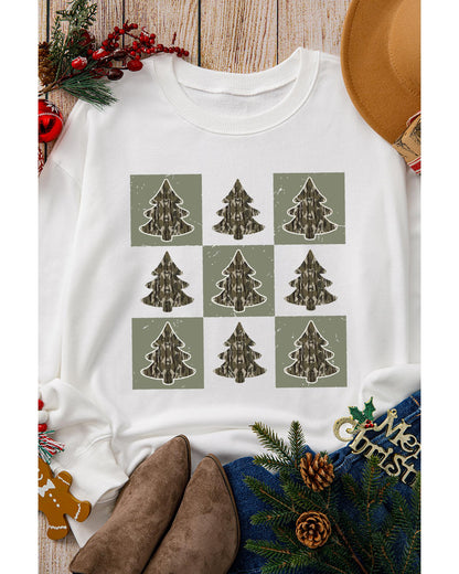 Beige Christmas Tree Checker Print Drop Shoulder Sweatshirt - 2XL