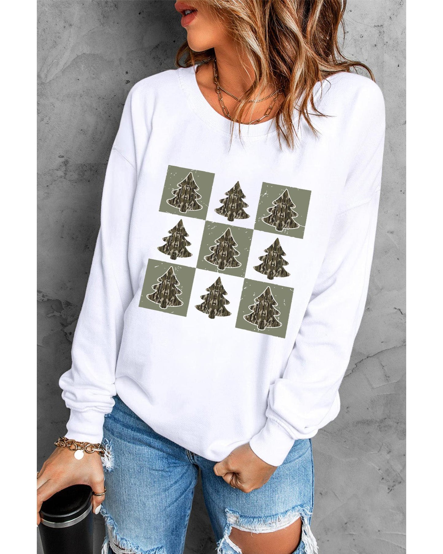 Beige Christmas Tree Checker Print Drop Shoulder Sweatshirt - 2XL