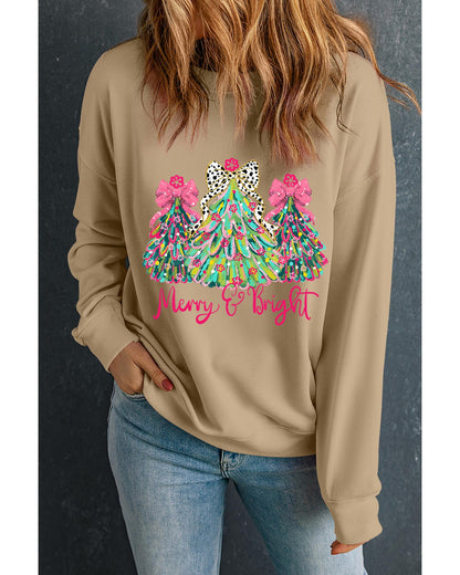 Khaki Merry & Bright Christmas Tree Print Pullover Sweatshirt - 2XL