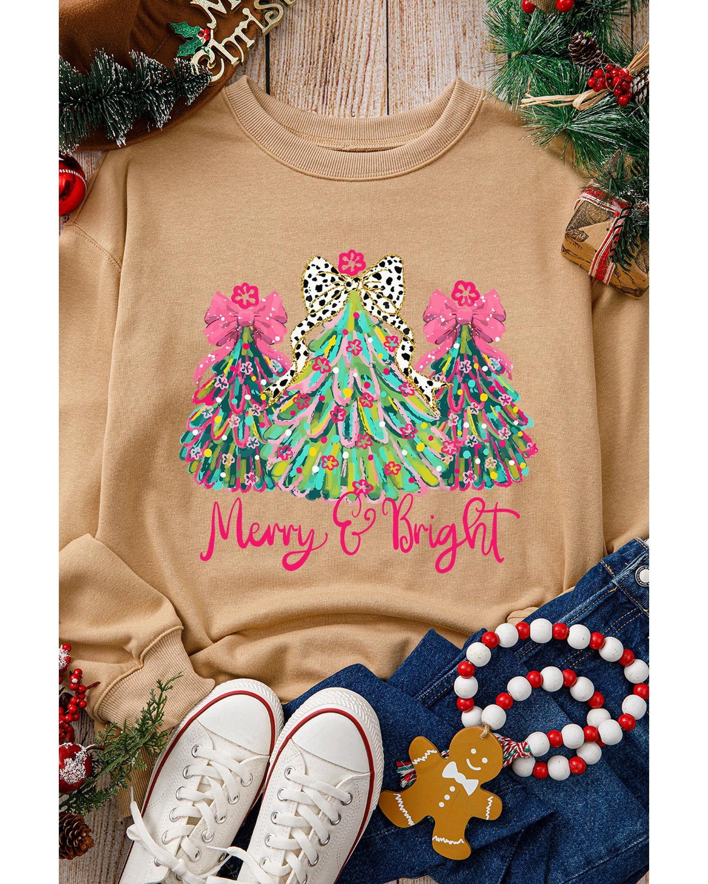 Khaki Merry & Bright Christmas Tree Print Pullover Sweatshirt - L