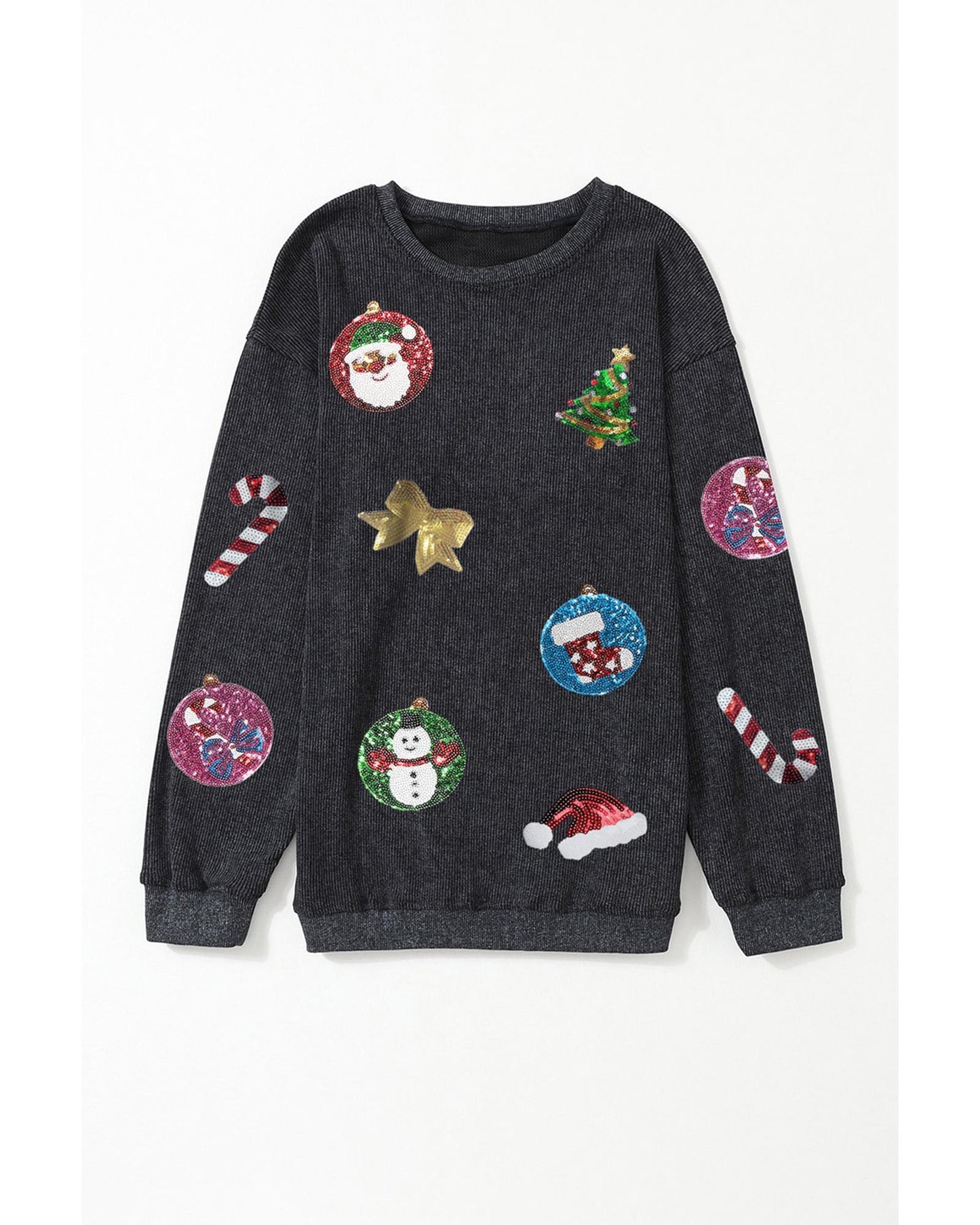 Black Sequined Christmas Elements Corded Baggy Sweatshirt - 2XL