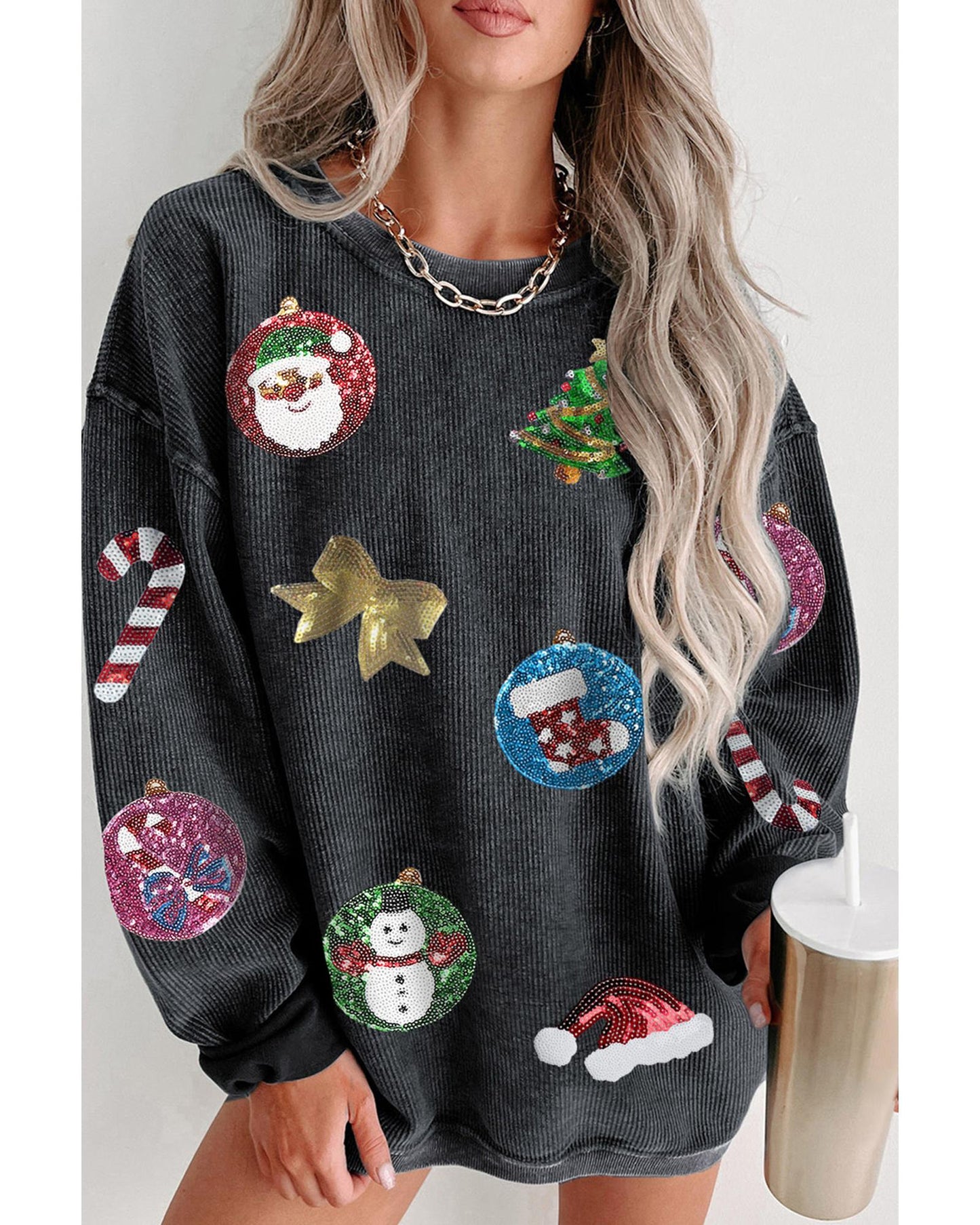 Black Sequined Christmas Elements Corded Baggy Sweatshirt - XL