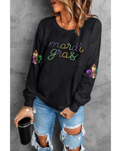 Black Ceramic Rhinestone mardi gras Letter Graphic Sweatshirt - S