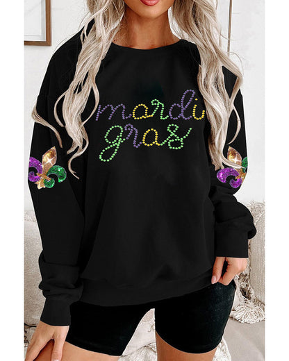 Black Ceramic Rhinestone mardi gras Letter Graphic Sweatshirt - S