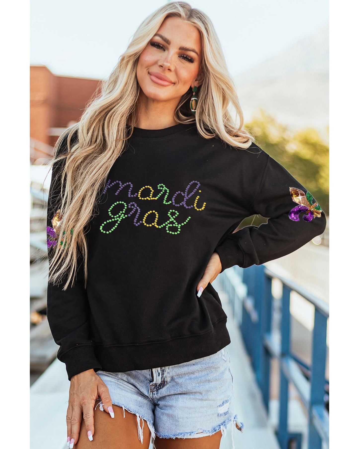 Black Ceramic Rhinestone mardi gras Letter Graphic Sweatshirt - XL