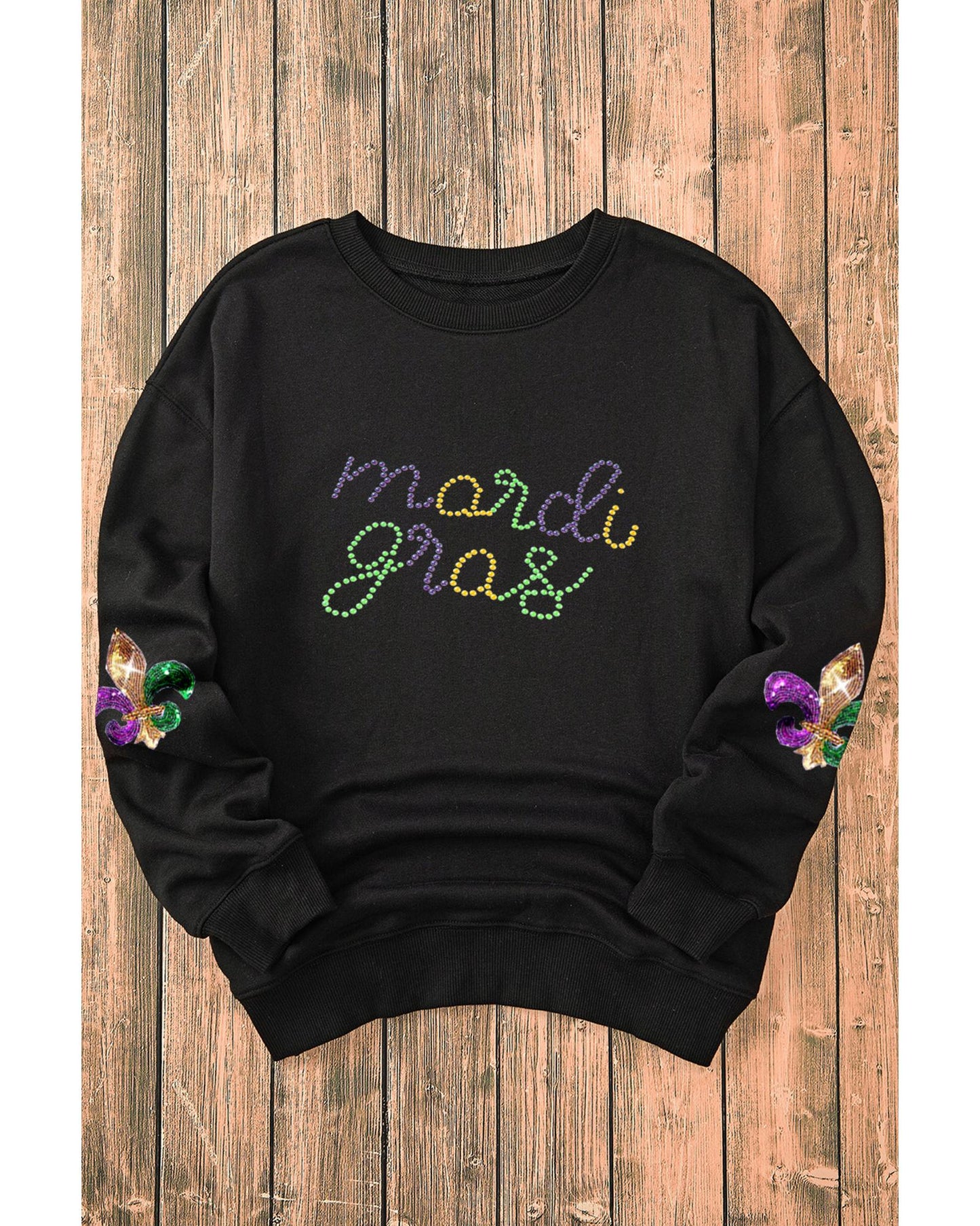 Black Ceramic Rhinestone mardi gras Letter Graphic Sweatshirt - XL