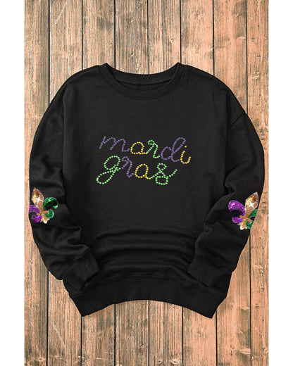 Black Ceramic Rhinestone mardi gras Letter Graphic Sweatshirt - XL