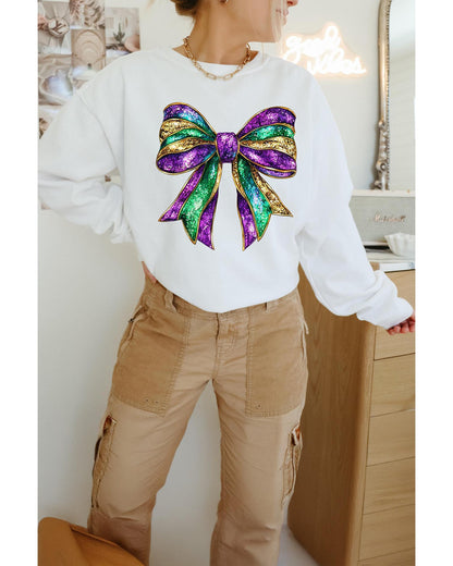 White Mardi Gras Bow Graphic Drop Shoulder Sweatshirt - 2XL