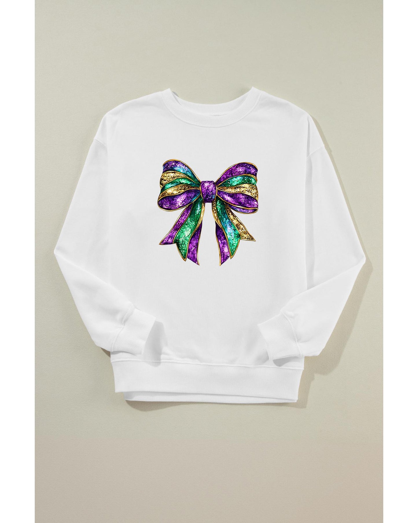 White Mardi Gras Bow Graphic Drop Shoulder Sweatshirt - 2XL