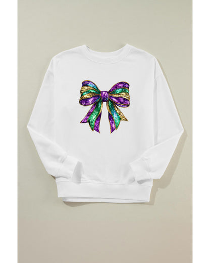 White Mardi Gras Bow Graphic Drop Shoulder Sweatshirt - 2XL