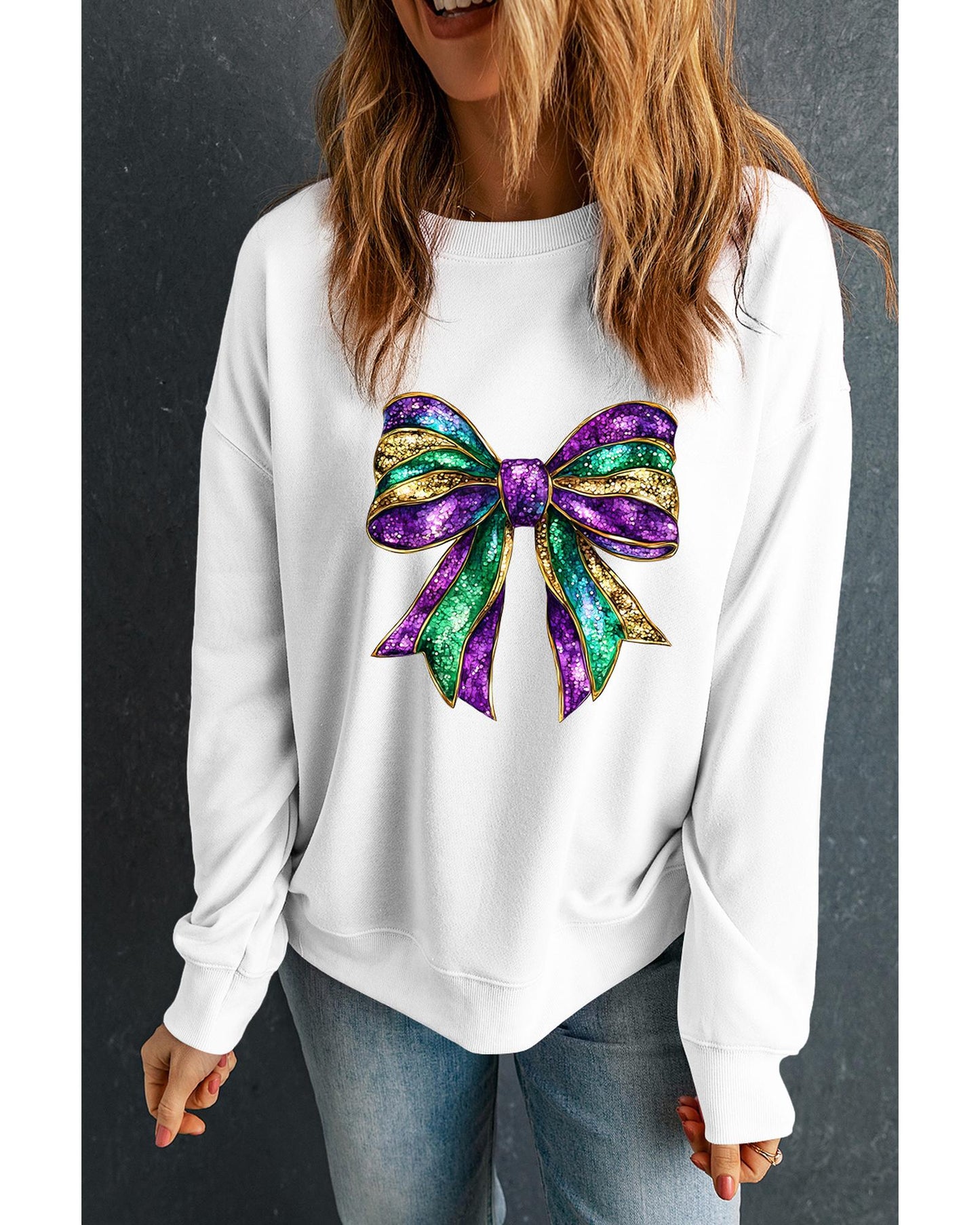 White Mardi Gras Bow Graphic Drop Shoulder Sweatshirt - 2XL