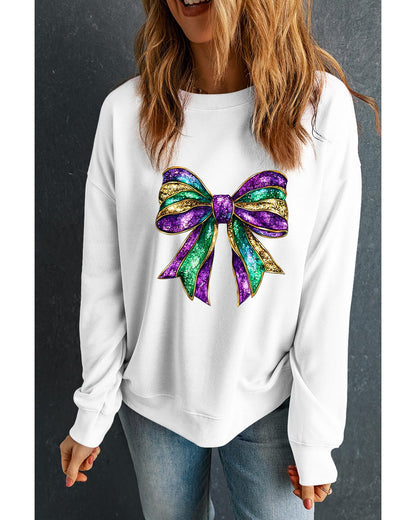 White Mardi Gras Bow Graphic Drop Shoulder Sweatshirt - 2XL