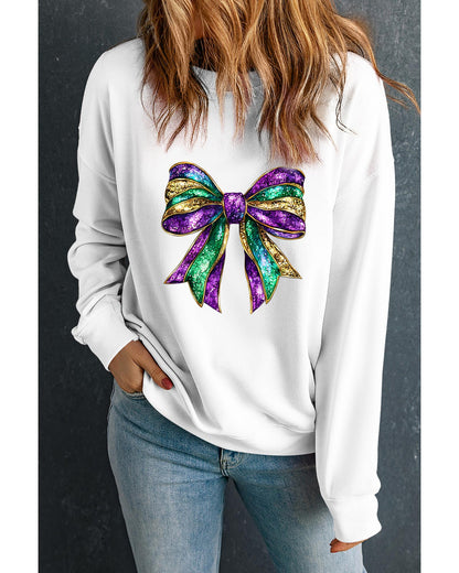 White Mardi Gras Bow Graphic Drop Shoulder Sweatshirt - 2XL