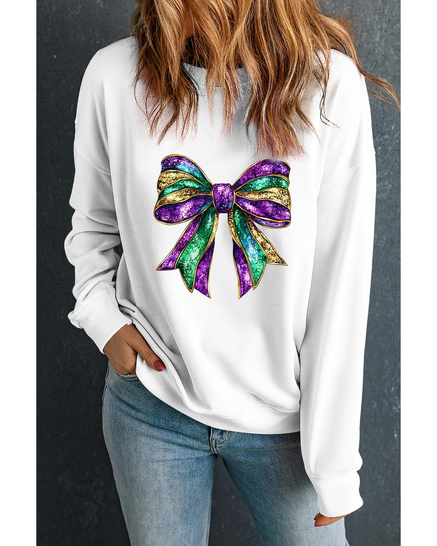 White Mardi Gras Bow Graphic Drop Shoulder Sweatshirt - M