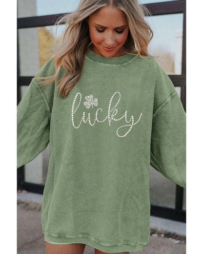 Grass Green Rhinestone lucky Clover Graphic Ribbed St Patrick Sweatshirt - S