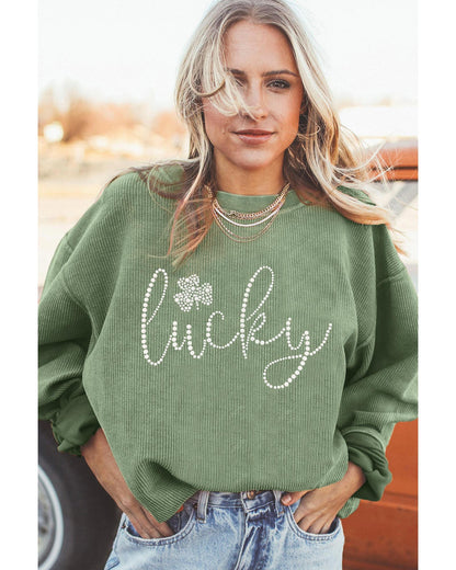 Grass Green Rhinestone lucky Clover Graphic Ribbed St Patrick Sweatshirt - S