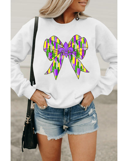 White Mardi Gras Bowknot Graphic Pullover Sweatshirt - L