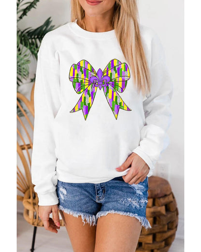 White Mardi Gras Bowknot Graphic Pullover Sweatshirt - L