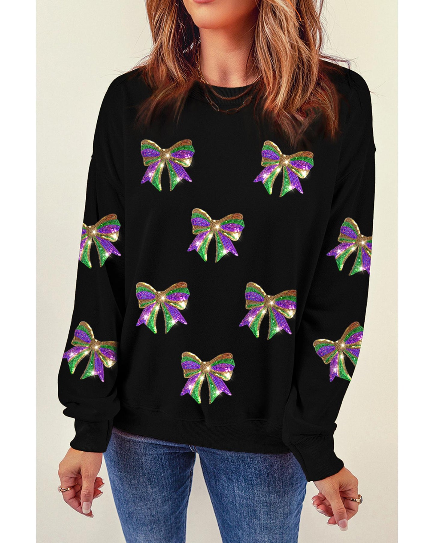 Black Sequin Mardi Gras Bow Graphic Drop Shoulder Pullover Sweatshirt - M