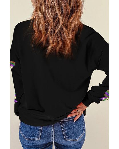 Black Sequin Mardi Gras Bow Graphic Drop Shoulder Pullover Sweatshirt - M