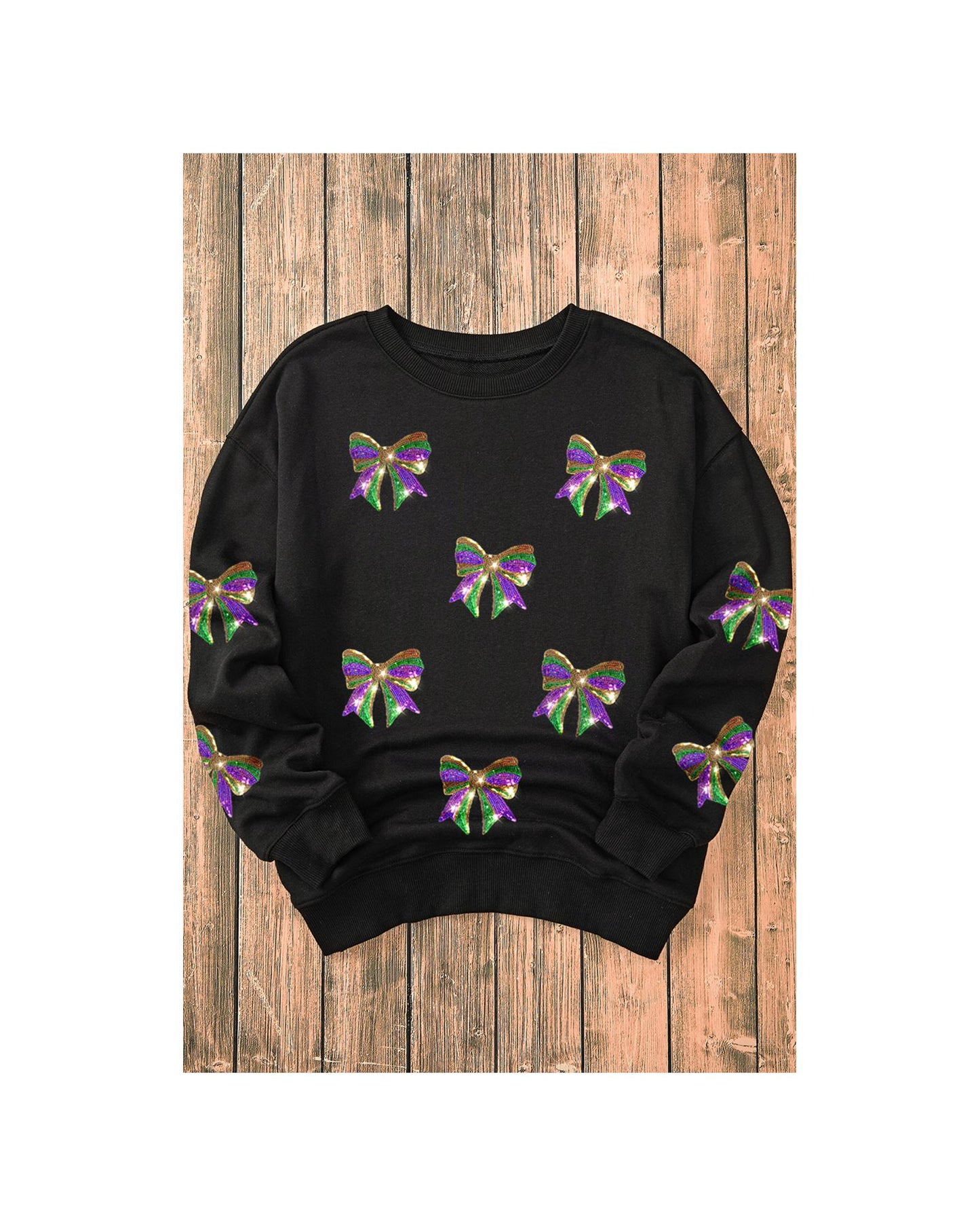Black Sequin Mardi Gras Bow Graphic Drop Shoulder Pullover Sweatshirt - M