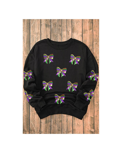 Black Sequin Mardi Gras Bow Graphic Drop Shoulder Pullover Sweatshirt - M