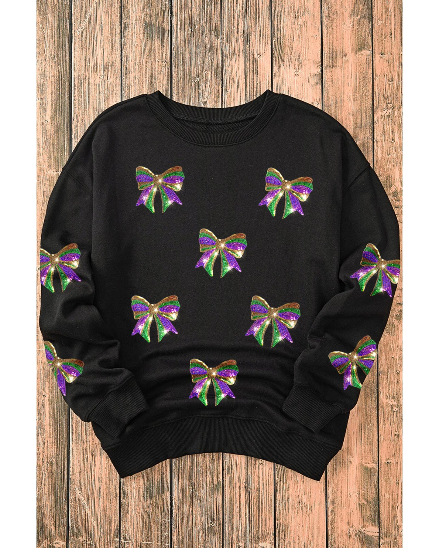 Black Sequin Mardi Gras Bow Graphic Drop Shoulder Pullover Sweatshirt - S