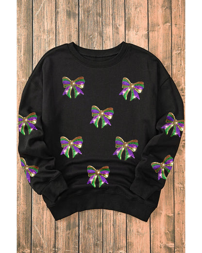 Black Sequin Mardi Gras Bow Graphic Drop Shoulder Pullover Sweatshirt - S