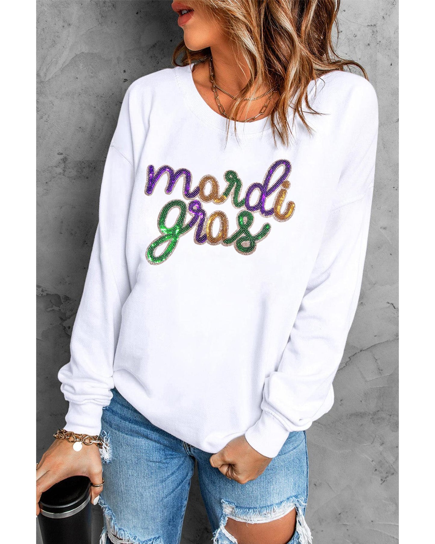 White Sequined mardi gras Graphic Crew Neck Drop Shoulder Sweatshirt - L