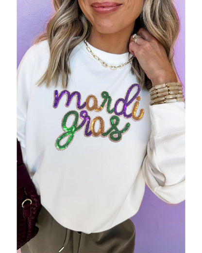 White Sequined mardi gras Graphic Crew Neck Drop Shoulder Sweatshirt - M