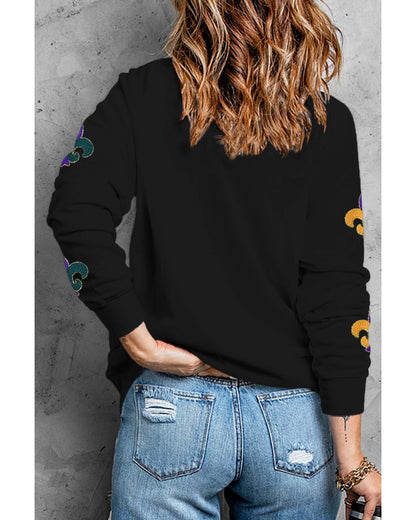 Black Mardi Gras Pattern Crew Neck Pullover Sweatshirt - XL