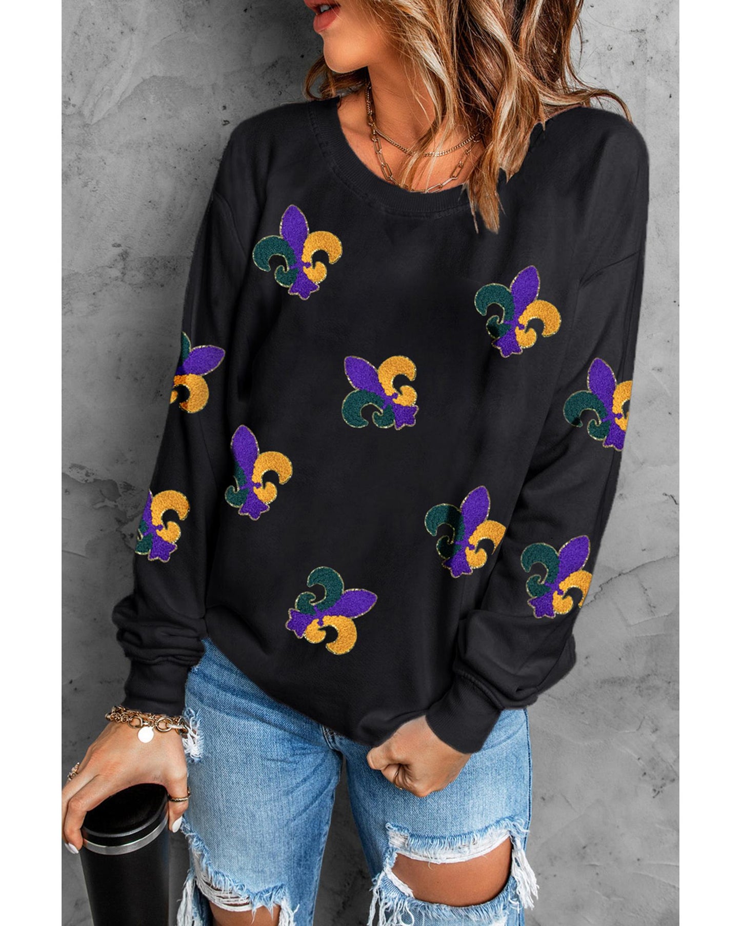 Black Mardi Gras Pattern Crew Neck Pullover Sweatshirt - XL