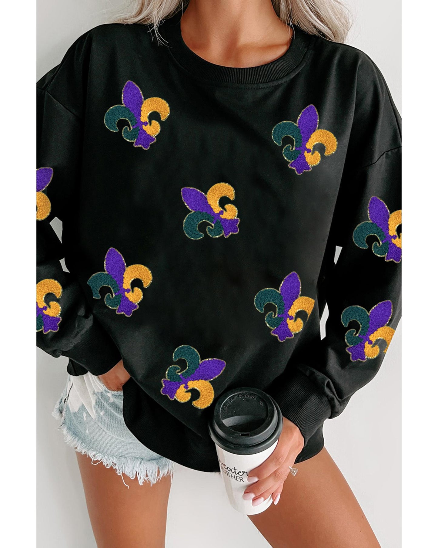 Black Mardi Gras Pattern Crew Neck Pullover Sweatshirt - XL