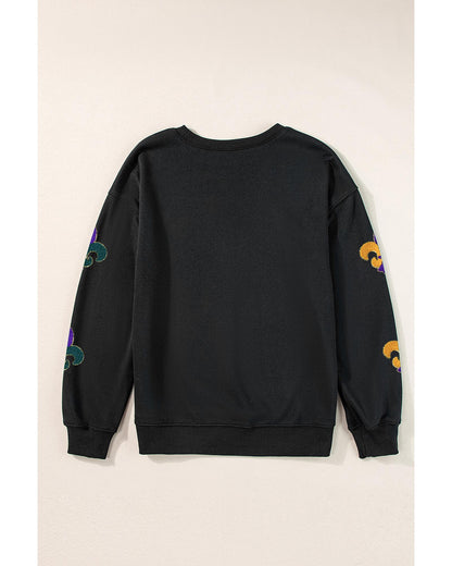 Black Mardi Gras Pattern Crew Neck Pullover Sweatshirt - XL