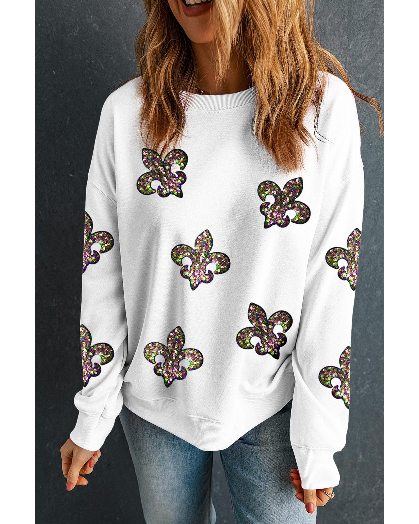 White Sequined Fleur De Lis Drop Shoulder Sweatshirt - 2XL