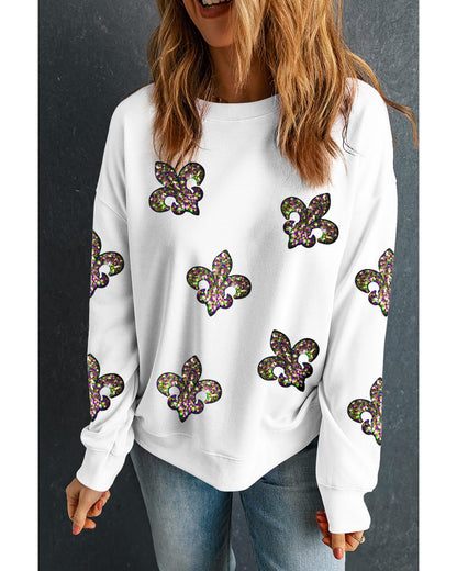 White Sequined Fleur De Lis Drop Shoulder Sweatshirt - 2XL