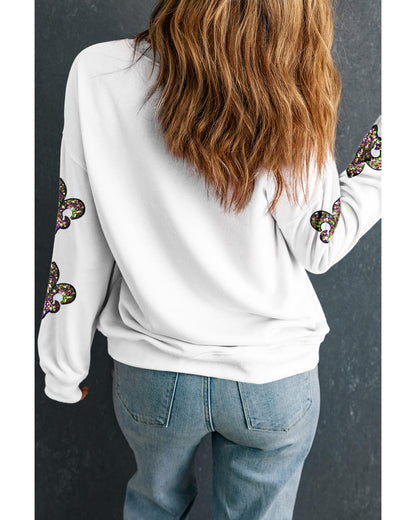 White Sequined Fleur De Lis Drop Shoulder Sweatshirt - 2XL