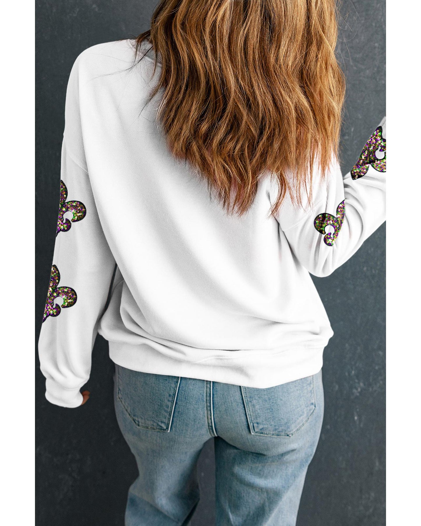 White Sequined Fleur De Lis Drop Shoulder Sweatshirt - XL