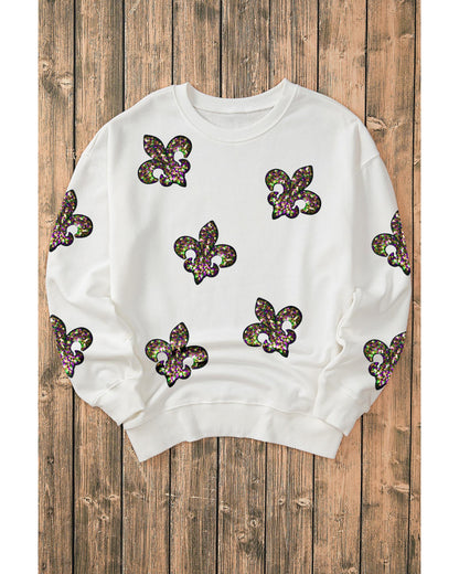 White Sequined Fleur De Lis Drop Shoulder Sweatshirt - XL
