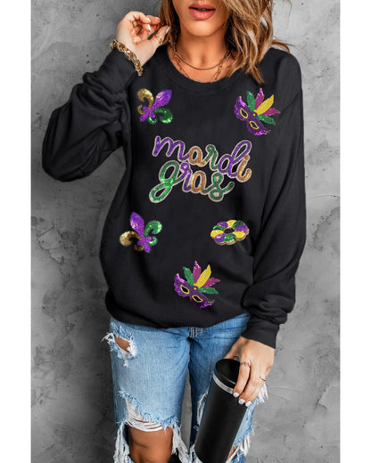 Black Sequin mardi gras Fleur de Lis Graphic Pullover Sweatshirt - M