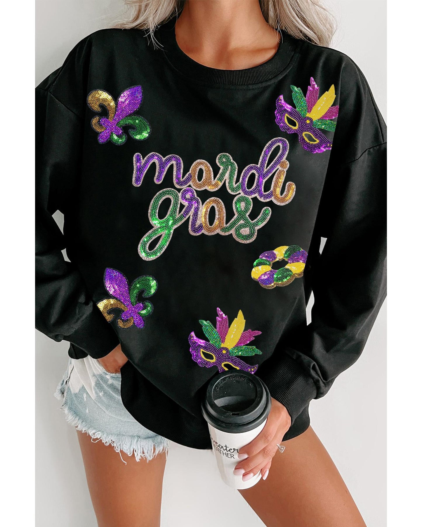 Black Sequin mardi gras Fleur de Lis Graphic Pullover Sweatshirt - S