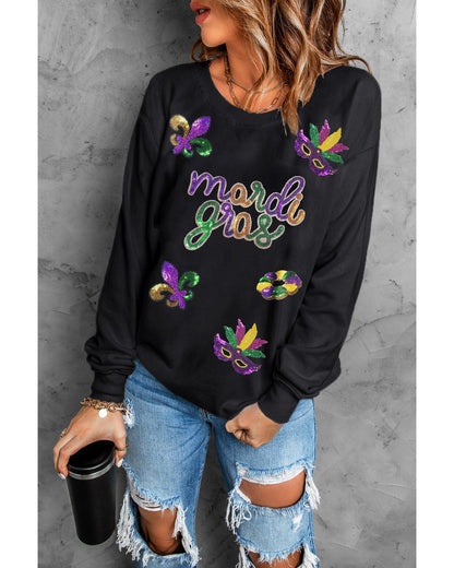 Black Sequin mardi gras Fleur de Lis Graphic Pullover Sweatshirt - S