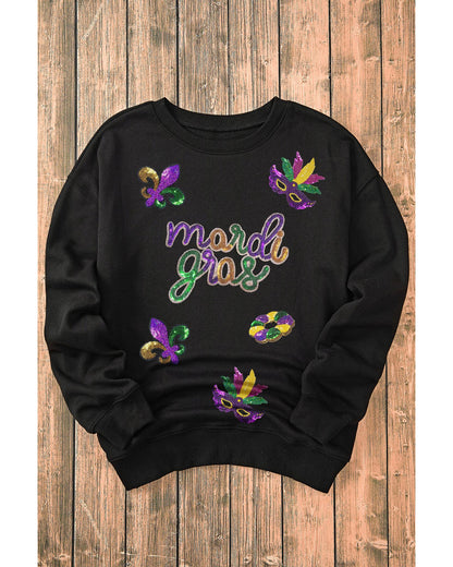 Black Sequin mardi gras Fleur de Lis Graphic Pullover Sweatshirt - S