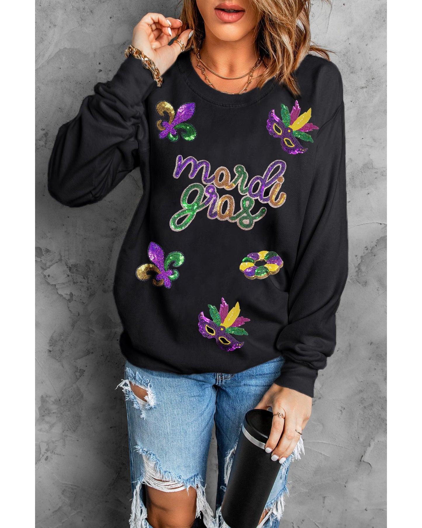 Black Sequin mardi gras Fleur de Lis Graphic Pullover Sweatshirt - XL